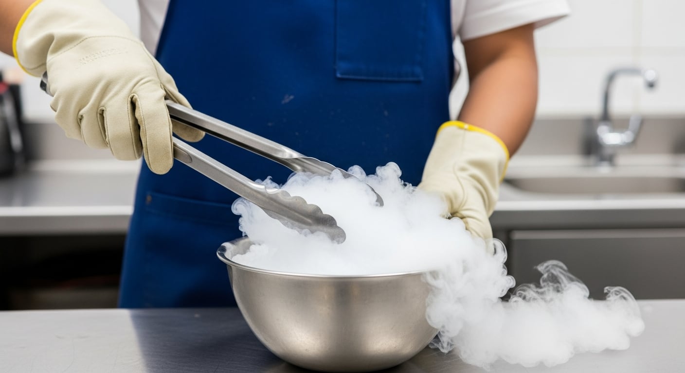 El uso de guantes resistentes, pinzas y protección facial es fundamental para prevenir accidentes durante el manejo de hielo seco