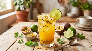 Un vaso con bebida amarilla, hielo y semillas de maracuyá, una rodaja de limón en el borde, maracuyás partidos y limones sobre madera.