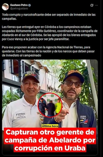 Publicación del presidente Gustavo Petro en la que se mencionan presuntas ocupaciones de tierras en Córdoba, lo que generó confusión por la referencia a un dirigente distinto al caso de Urabá - crédito Gustavo Petro/X