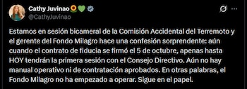La representante Catherine Juvinao cuestionó la demora en la puesta en marcha del fondo tras la firma del contrato fiduciario - crédito @CathyJuvinao/X