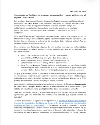 Familiares de personas desaparecidas y presas políticas en Nicaragua difundieron un comunicado donde denuncian la falta de información oficial y el riesgo que enfrentan los detenidos bajo el régimen Ortega-Murillo (Cortesía @AUNNicaragua).