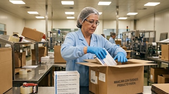 Una mujer con bata azul, cofia y guantes coloca cajas de solución inyectable para diabetes dentro de una caja de cartón.