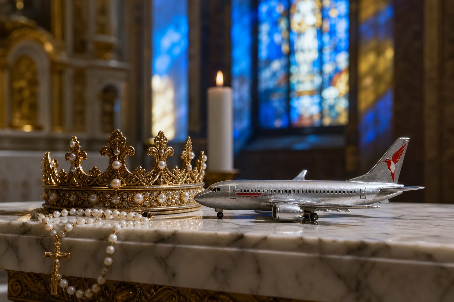 Una corona dorada, un rosario y una maqueta de Aeroperú reposan sobre un altar de mármol en una iglesia de Lima. (Imagen Ilustrativa Infobae)