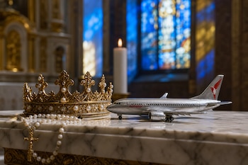 Corona dorada con perlas, rosario blanco y maqueta de avión de Aeroperú sobre un altar de mármol ante una vela y un vitral azul.