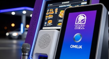 Micrófono, altavoz, pantalla digital mostrando menú con platillos, logo de Taco Bell, otra pantalla con logo de Taco Bell y logo de Omilia. Fondo desenfocado.