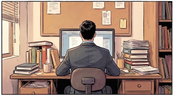 Ilustración de un hombre de espaldas sentado ante un ordenador, rodeado de libros, papelería, una taza y un tablero de corcho.