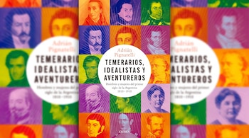 Cubierta del libro "Temerarios, Idealistas y Aventureros" de Adrián Pignatelli, con subtítulo, sello editorial y veinte retratos en cuadrados de colores.