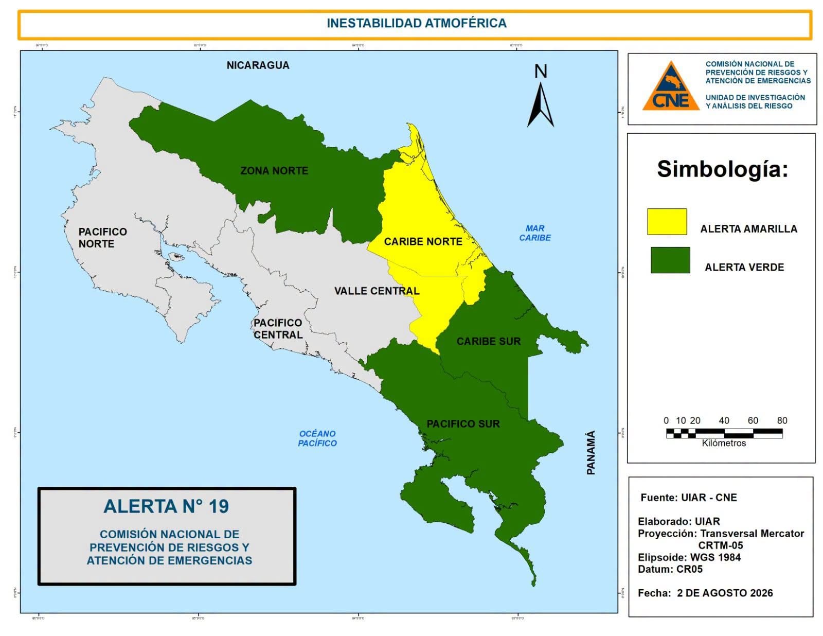 La Alerta Amarilla alcanza a Pococí, Guácimo, Siquirres, Matina y Turrialba, mientras la Alerta Verde sigue activa en el Caribe Sur, la Zona Norte y el Pacífico Sur. (Cortesía: Comisión Nacional de Emergencias)