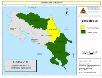 La Alerta Amarilla alcanza a Pococí, Guácimo, Siquirres, Matina y Turrialba, mientras la Alerta Verde sigue activa en el Caribe Sur, la Zona Norte y el Pacífico Sur. (Cortesía: Comisión Nacional de Emergencias)