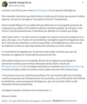 Dumek Turbay respondió a Petro por el turismo en Cartagena y citó cifras de visitantes - crédito @dumek_turbay/X