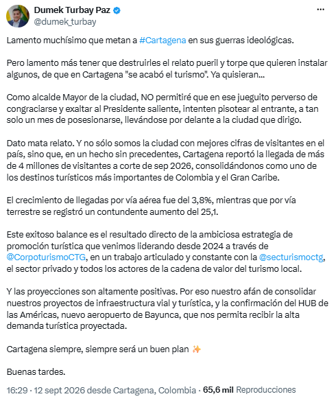 Dumek Turbay respondió a Petro por el turismo en Cartagena y citó cifras de visitantes - crédito @dumek_turbay/X