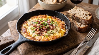 Sartén de hierro con queso fundido, trozos de panceta y verdeo sobre una tabla de madera junto a rebanadas de pan, un tenedor y un cuchillo.