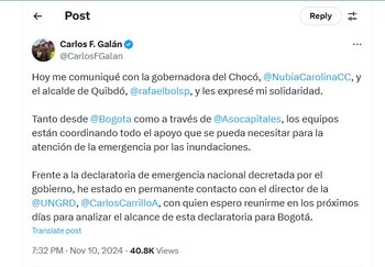 Carlos Fernando Galán habló de la declaratoria de emergencia del Gobierno nacional por inundaciones en el territorio nacional - crédito @CarlosFGalan