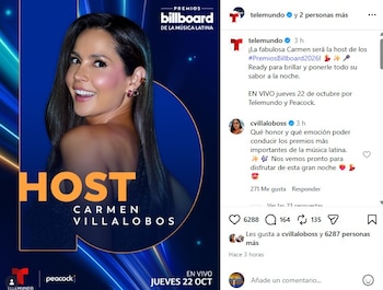 La actriz barranquillera expresó su satisfacción por volver a liderar la gala de los Billboard de la Música Latina, rol que ya había asumido en la edición 2024 - crédito @telemundo/Instagram