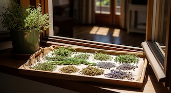 Bandeja de madera con hierbas frescas y secas, incluyendo romero, tomillo y lavanda, expuestas al sol en el alféizar de una ventana. Se ve una planta en maceta al lado.
