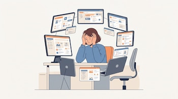 Ilustración de una mujer en un escritorio tomándose la cabeza, rodeada por varios monitores, tabletas y ventanas flotantes.