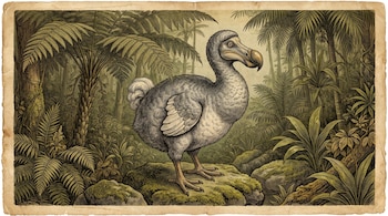 Grabado antiguo con textura de papel en el que figura un ave dodo sobre rocas musgosas entre helechos y palmeras tropicales.