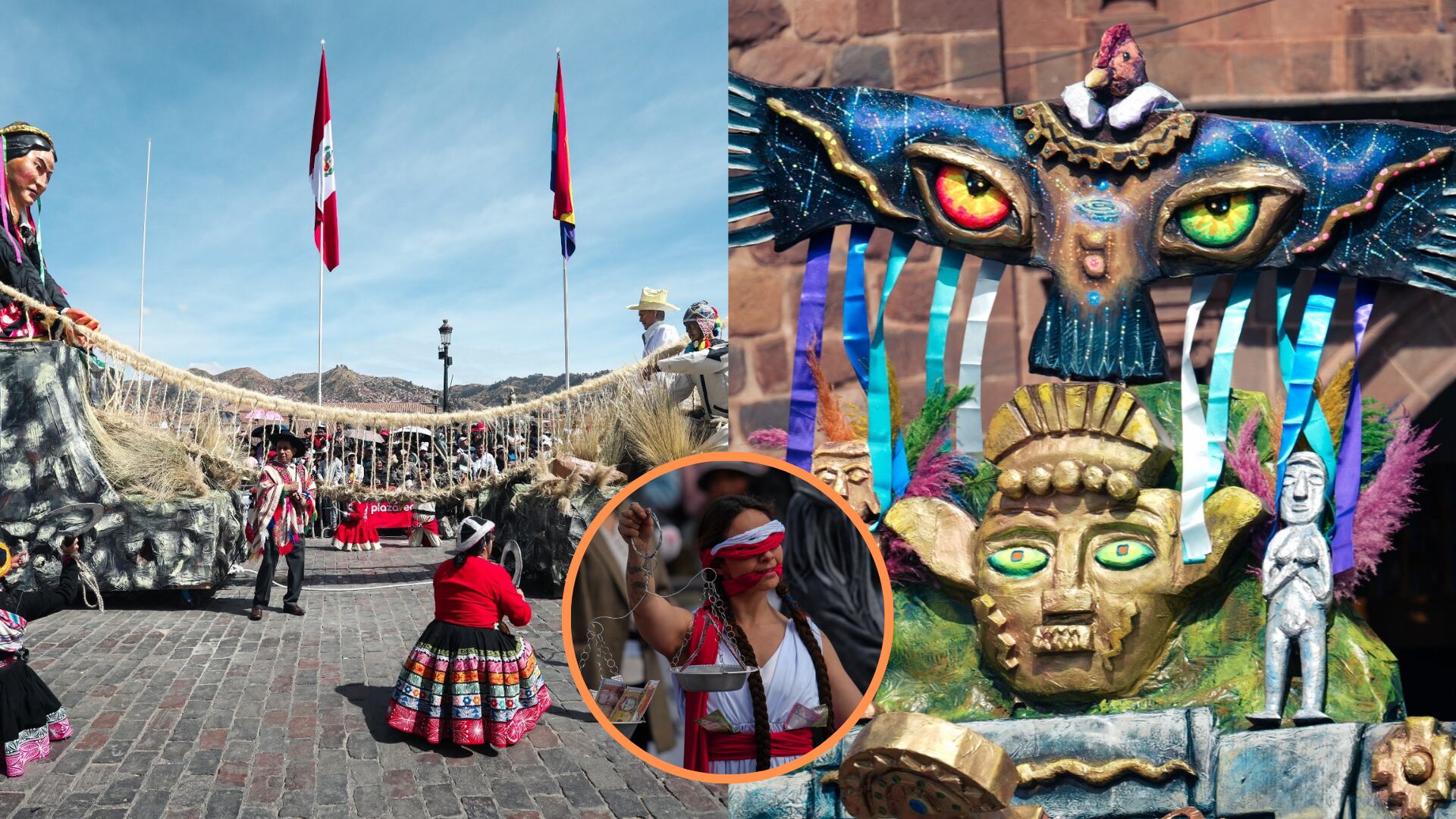 El desfile de la Universidad de Arte Diego Quispe Tito mostró una mezcla vibrante de símbolos religiosos, tradición andina y crítica social. (Composición: Infobae)