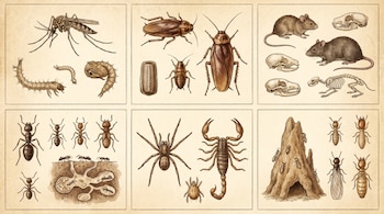 Seis paneles con ilustraciones estilo enciclopedia de plagas comunes, incluyendo mosquitos, cucarachas, roedores con esqueletos, hormigas, arácnidos y termitas.