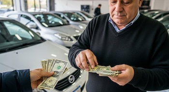 Primer plano de un vendedor de mediana edad examinando billetes de dólar usados, recibidos de una mano, en el interior de una concesionaria de autos con vehículos al fondo.
