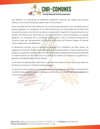 Comunicado Firmantes de Paz - crédito X