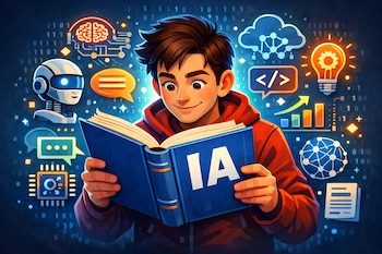 Una ilustración colorida de un joven sonriente leyendo un libro azul con las letras "IA" en la portada, rodeado de iconos digitales sobre un fondo binario.