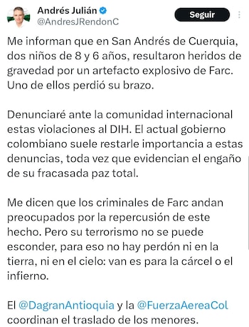 Gobernador de Antioquia sobre detonación de explosivo que dejo a dos menores heridos - crédito @AndresJRendonC/X