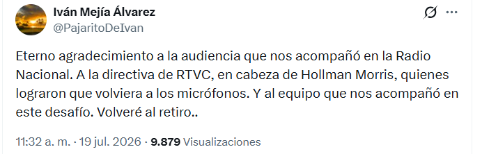 Post de Iván Mejía anunciando que volverá al retiro tras la Copa Mundial de la FIFA 2026 - crédito X