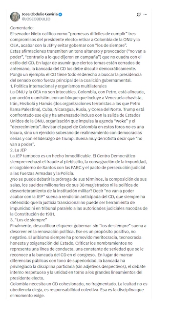 José Obdulio Gaviria le respondió a Rafael Nieto Loaiza
