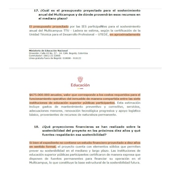El Ministerio de Educación admitió que no exigió un estudio financiero a diez años, lo que compromete la sostenibilidad del Multicampus de la Ladera, según documentos presentados por el representante Víctor Salcedo - crédito Ministerio de Educación/Víctor Salcedo