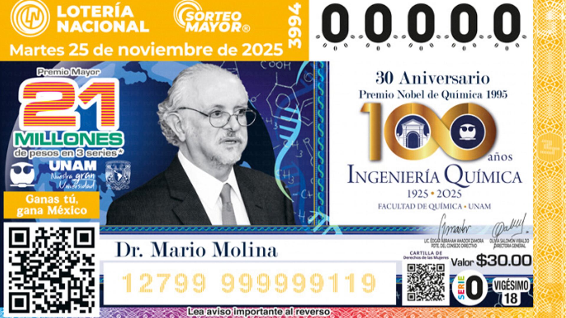 El diseño del billete de este sorteo hace homenaje al legado del Dr. Molina. Su vida, dedicada a la investigación científica con profundo compromiso hacia el medio ambiente, nos recuerda que la ciencia, cuando se guía por principios éticos y responsabilidad social, tiene la capacidad de transformar la realidad y mejorar el destino de la humanidad.