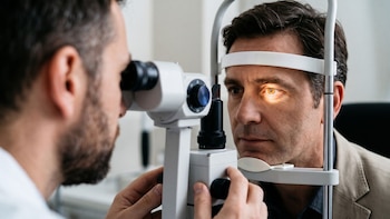 Un hombre apoya el mentón en el soporte de una lámpara de hendidura mientras un especialista examina su ojo iluminado