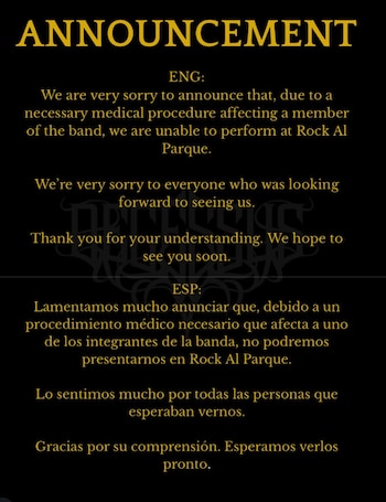 Decessus canceló su presentación en Rock al Parque por un procedimiento médico de uno de sus integrantes - crédito @decessus_official/ Instagram