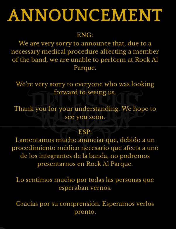 Decessus canceló su presentación en Rock al Parque por un procedimiento médico de uno de sus integrantes - crédito @decessus_official/ Instagram