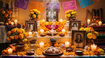 Altar de varios niveles con flores amarillas, retratos enmarcados, pan dulce, calaveras decoradas, velas encendidas, vasijas y papel picado.