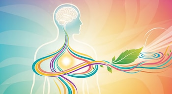 Silueta de persona con cerebro visible, líneas onduladas de colores vibrantes, una luz brillante en el pecho, hojas verdes y círculos concéntricos de agua.