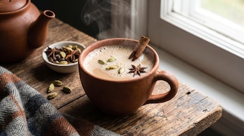 Taza de cerámica con té chai caliente, especias flotando (anís estrellado, canela, cardamomo), tetera de cerámica, bol con especias y manta sobre madera.