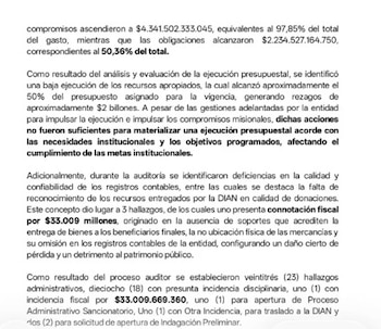 El dato apareció junto con otro resultado del examen fiscal: la entidad ejecutó apenas el 50,36% de sus obligaciones presupuestales, pese a contar con una apropiación vigente de $4,4 billones, lo que dejó rezagos cercanos a $2 billones - crédito Contraloría