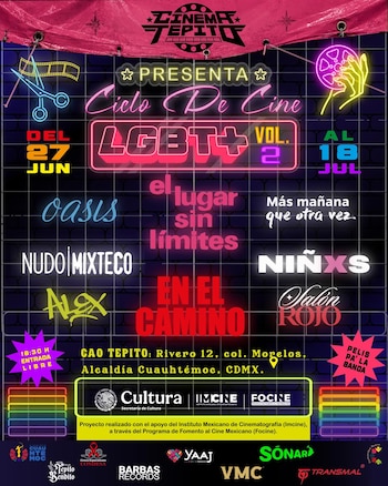 Cartel con diseño de neón rosa, azul y amarillo sobre fondo oscuro. Muestra el título 'Ciclo de Cine LGBT+ Vol. 2', fechas, hora, ubicación y varios logos de patrocinadores