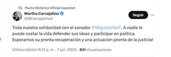 La ministra Martha Carvajalino condenó el atentado contra Miguel Uribe - crédito @MCarvajalinoV/X
