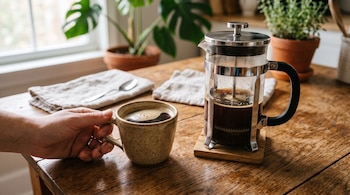 Una mano sostiene una taza de café junto a una prensa francesa, servilletas y plantas en macetas sobre una mesa de madera.
