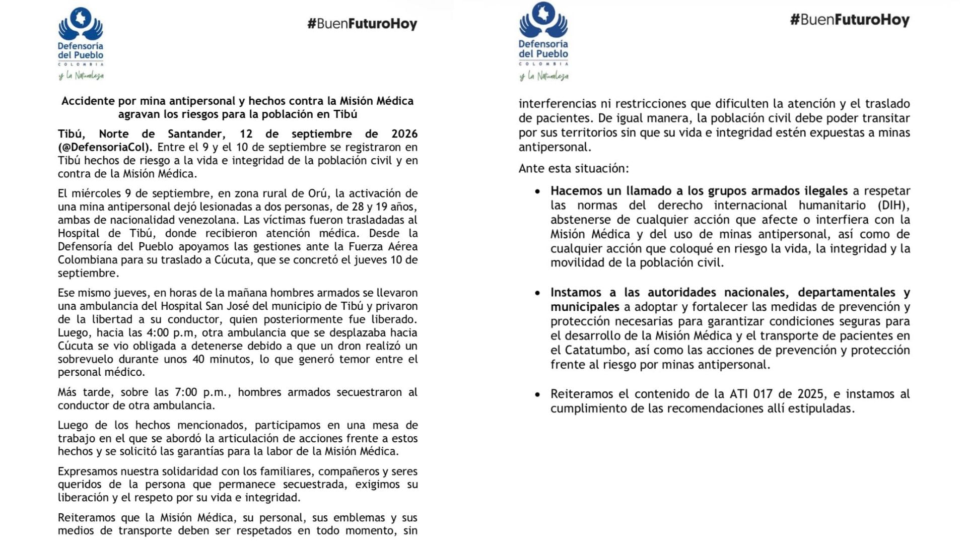La Defensoría del Pueblo pidió garantías para la labor de la Misión Médica en el Catatumbo - crédito @DefensoriaCol/X