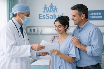 Un médico con bata blanca, mascarilla y gorro quirúrgico entrega papeles a una paciente con bata de hospital. Un hombre la acompaña. Al fondo, el logo de EsSalud y un cartel de "Unidad de Trasplantes".