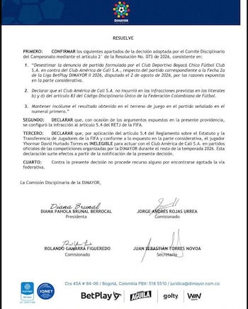 El organismo deportivo declaró como "inelegible" en competencias a Hurtado -crédito Dimayor