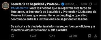 Reportan un enfrentamiento armado en Totolapan, Morelos: SSPC mantiene un despliegue en la zona. Captura de pantalla