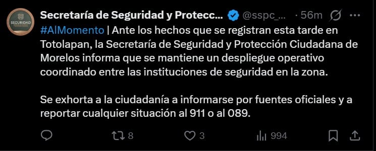 Reportan un enfrentamiento armado en Totolapan, Morelos: SSPC mantiene un despliegue en la zona. Captura de pantalla
