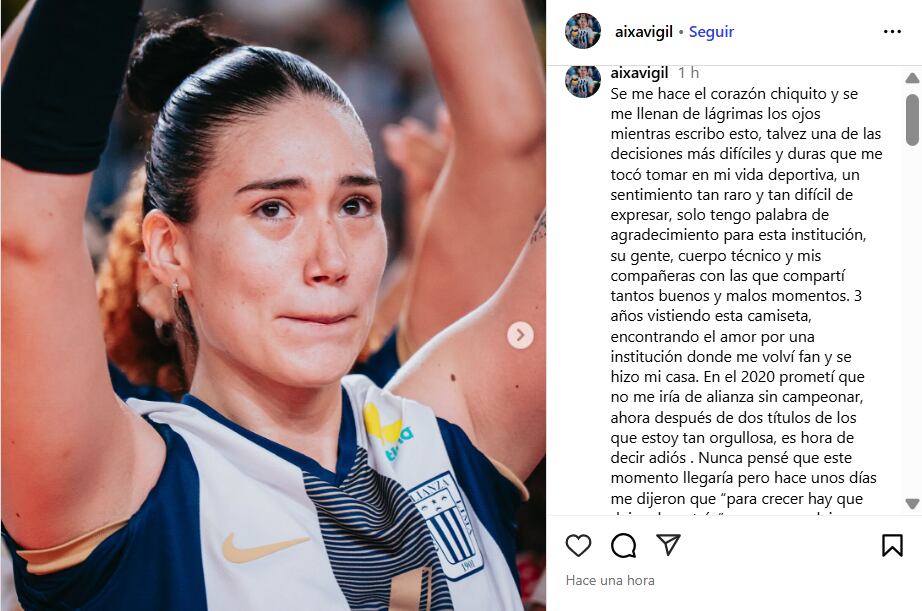 El mensaje de despedida de Aixa Vigil tras confirmarse su salida de Alianza Lima. Crédito: Captura