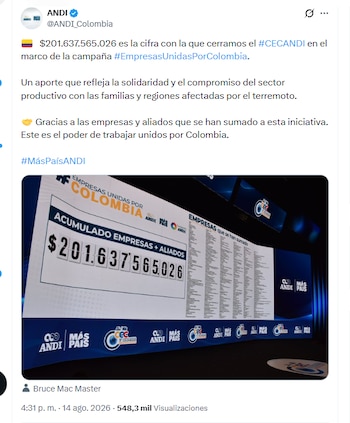 La Andi recogió $201.637.565.026 para ayudar a las personas damnificadas por el terremoto - crédito @ANDI_Colombia/X
