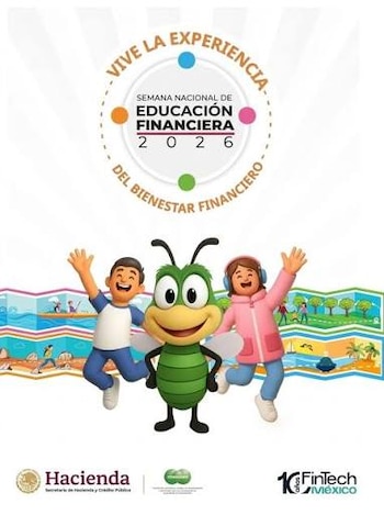 Cartel con la frase Semana Nacional de Educación Financiera 2026, tres personajes animados al centro y logotipos institucionales abajo