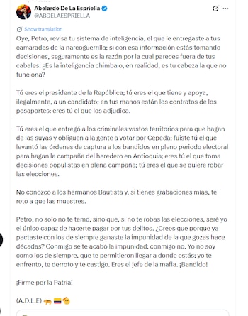 De la Espriella acusó a Petro de levantar órdenes de captura y permitir acciones de grupos criminales para influir en la campaña electoral - crédito @ABDELAESPRIELLA/X